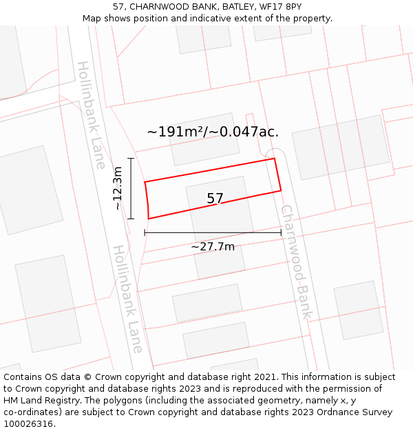 57, CHARNWOOD BANK, BATLEY, WF17 8PY: Plot and title map
