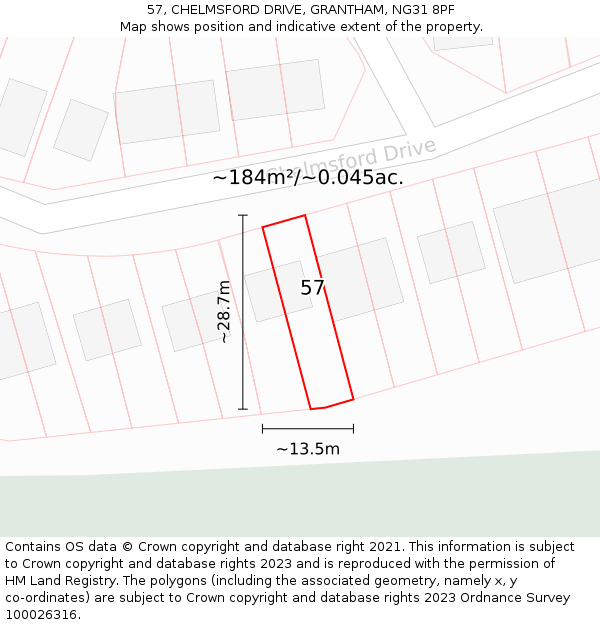 57, CHELMSFORD DRIVE, GRANTHAM, NG31 8PF: Plot and title map