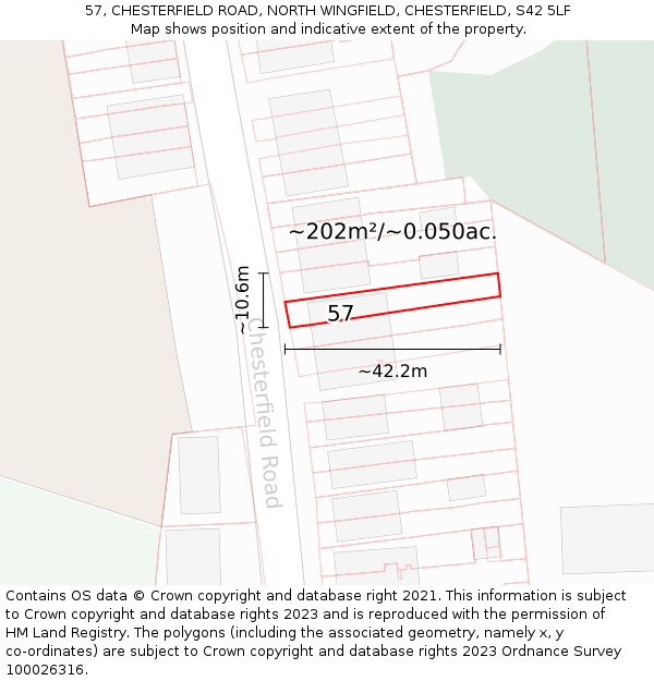 57, CHESTERFIELD ROAD, NORTH WINGFIELD, CHESTERFIELD, S42 5LF: Plot and title map