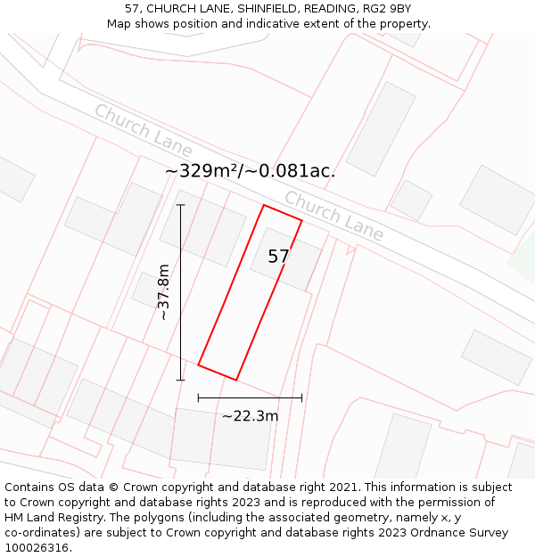 57, CHURCH LANE, SHINFIELD, READING, RG2 9BY: Plot and title map
