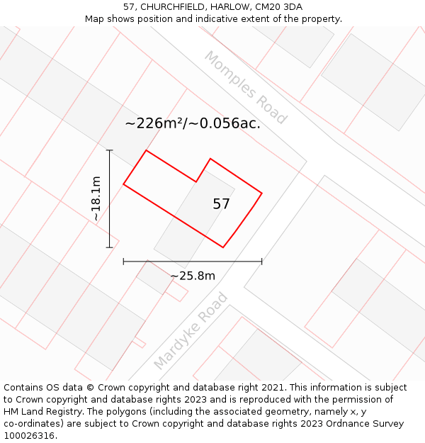 57, CHURCHFIELD, HARLOW, CM20 3DA: Plot and title map