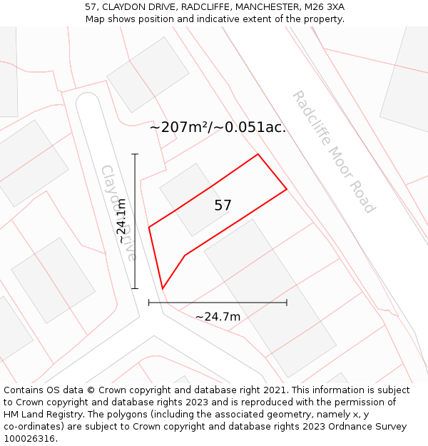 57, CLAYDON DRIVE, RADCLIFFE, MANCHESTER, M26 3XA: Plot and title map