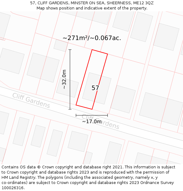 57, CLIFF GARDENS, MINSTER ON SEA, SHEERNESS, ME12 3QZ: Plot and title map