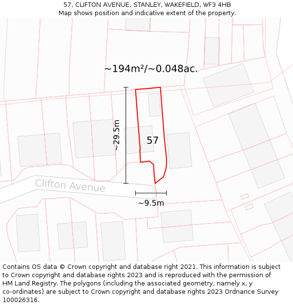 57, CLIFTON AVENUE, STANLEY, WAKEFIELD, WF3 4HB: Plot and title map