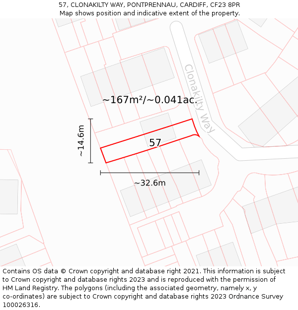 57, CLONAKILTY WAY, PONTPRENNAU, CARDIFF, CF23 8PR: Plot and title map