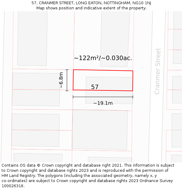 57, CRANMER STREET, LONG EATON, NOTTINGHAM, NG10 1NJ: Plot and title map