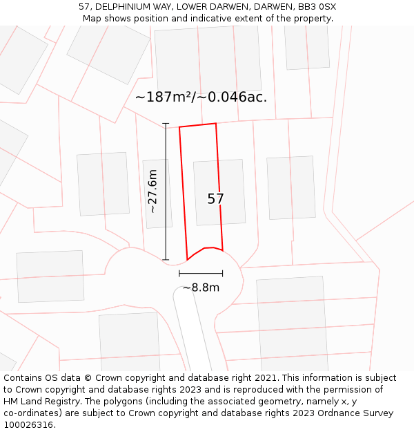 57, DELPHINIUM WAY, LOWER DARWEN, DARWEN, BB3 0SX: Plot and title map