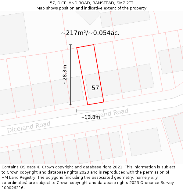 57, DICELAND ROAD, BANSTEAD, SM7 2ET: Plot and title map