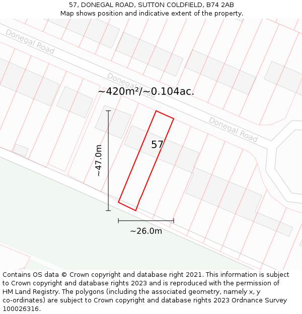 57, DONEGAL ROAD, SUTTON COLDFIELD, B74 2AB: Plot and title map