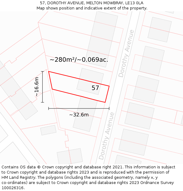 57, DOROTHY AVENUE, MELTON MOWBRAY, LE13 0LA: Plot and title map