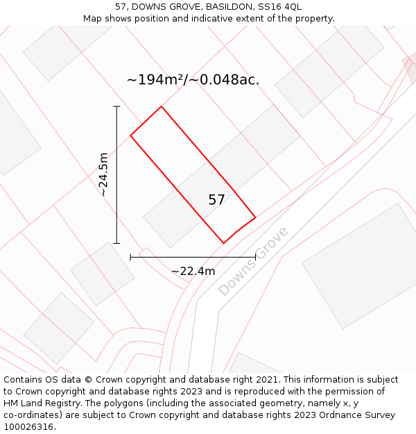 57, DOWNS GROVE, BASILDON, SS16 4QL: Plot and title map