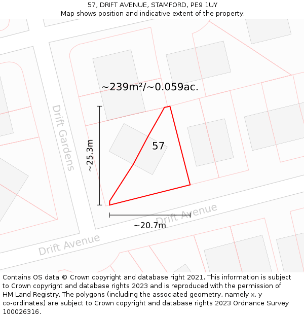 57, DRIFT AVENUE, STAMFORD, PE9 1UY: Plot and title map