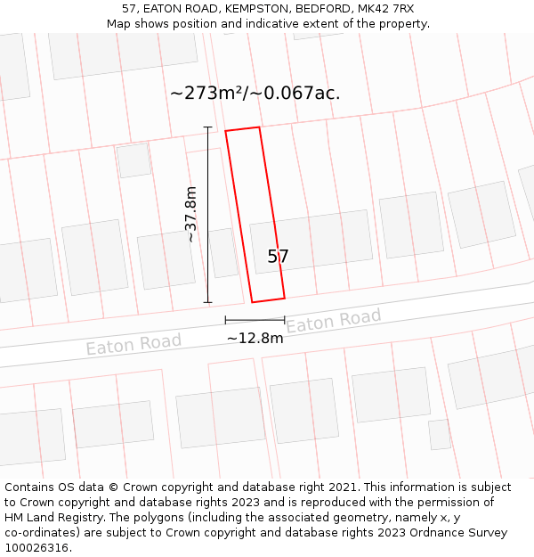 57, EATON ROAD, KEMPSTON, BEDFORD, MK42 7RX: Plot and title map