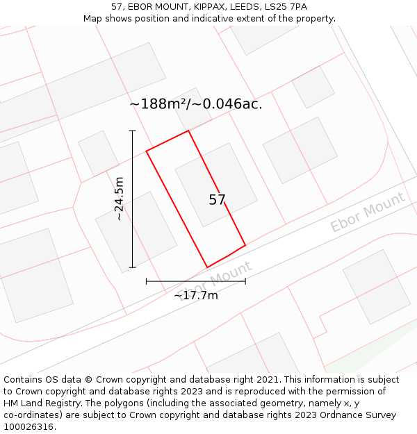 57, EBOR MOUNT, KIPPAX, LEEDS, LS25 7PA: Plot and title map