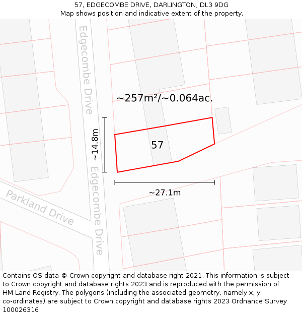 57, EDGECOMBE DRIVE, DARLINGTON, DL3 9DG: Plot and title map