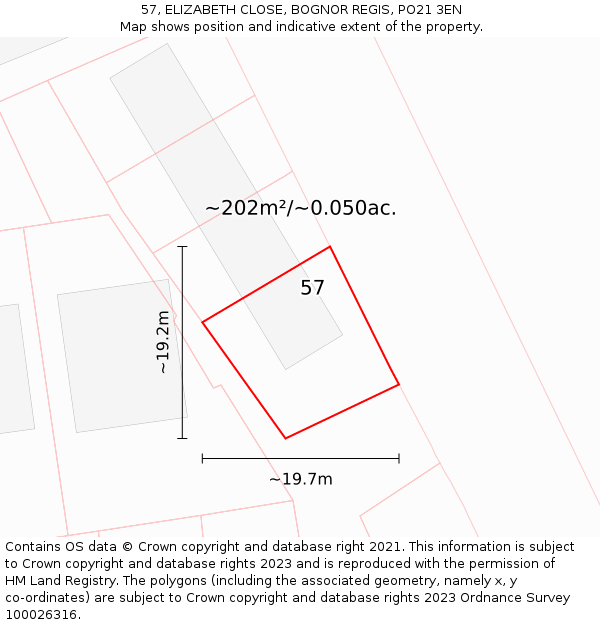 57, ELIZABETH CLOSE, BOGNOR REGIS, PO21 3EN: Plot and title map