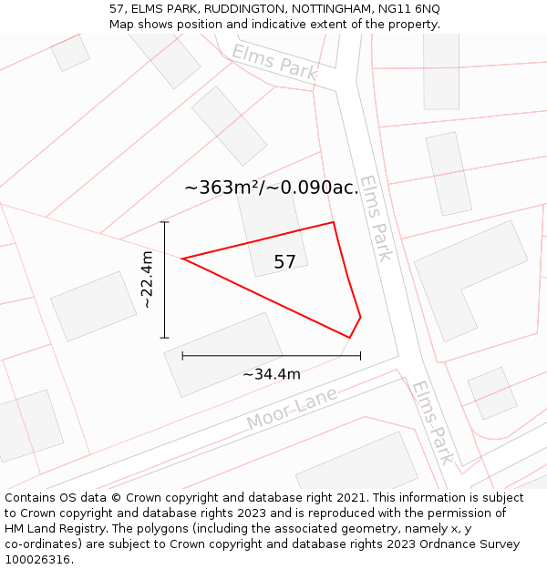 57, ELMS PARK, RUDDINGTON, NOTTINGHAM, NG11 6NQ: Plot and title map