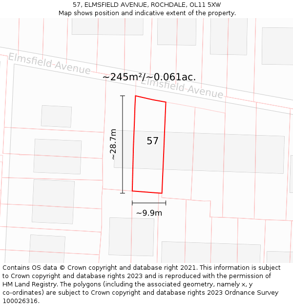 57, ELMSFIELD AVENUE, ROCHDALE, OL11 5XW: Plot and title map