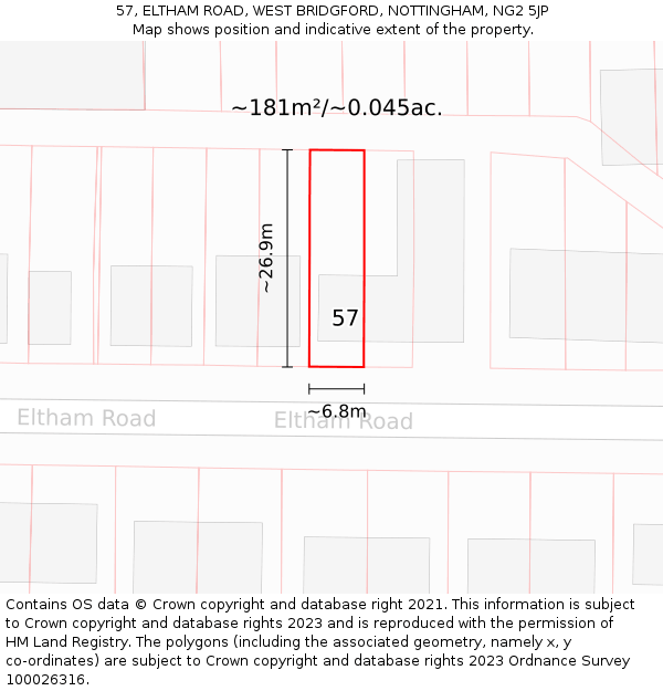 57, ELTHAM ROAD, WEST BRIDGFORD, NOTTINGHAM, NG2 5JP: Plot and title map