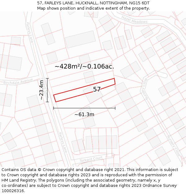 57, FARLEYS LANE, HUCKNALL, NOTTINGHAM, NG15 6DT: Plot and title map