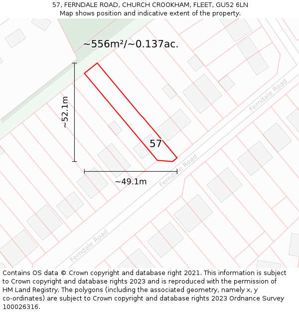 57, FERNDALE ROAD, CHURCH CROOKHAM, FLEET, GU52 6LN: Plot and title map