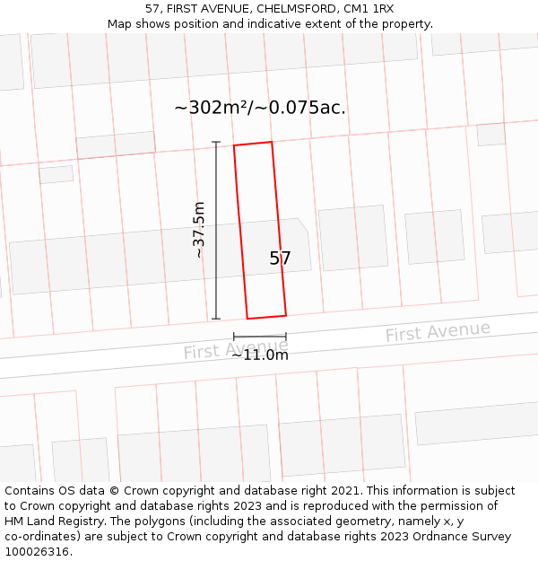 57, FIRST AVENUE, CHELMSFORD, CM1 1RX: Plot and title map