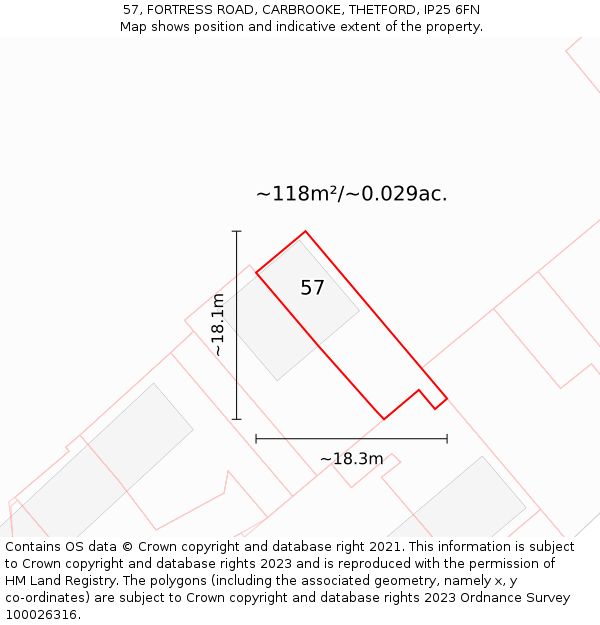 57, FORTRESS ROAD, CARBROOKE, THETFORD, IP25 6FN: Plot and title map