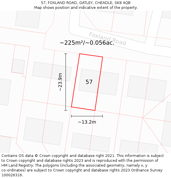 57, FOXLAND ROAD, GATLEY, CHEADLE, SK8 4QB: Plot and title map