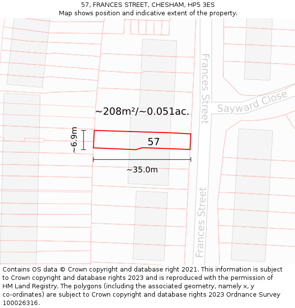 57, FRANCES STREET, CHESHAM, HP5 3ES: Plot and title map