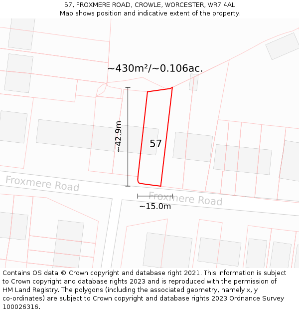 57, FROXMERE ROAD, CROWLE, WORCESTER, WR7 4AL: Plot and title map