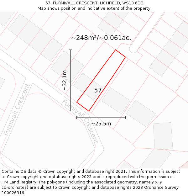 57, FURNIVALL CRESCENT, LICHFIELD, WS13 6DB: Plot and title map