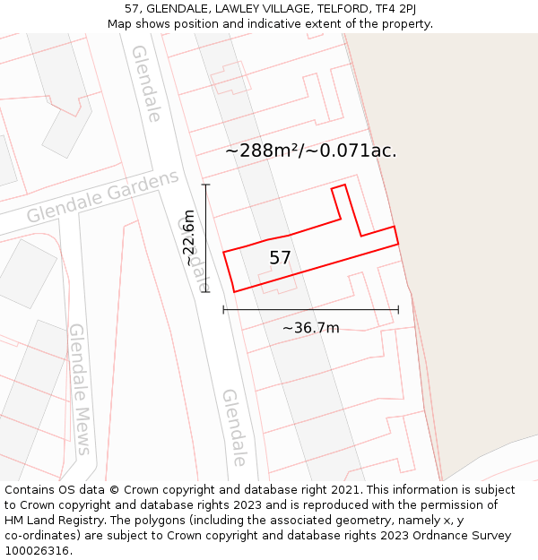 57, GLENDALE, LAWLEY VILLAGE, TELFORD, TF4 2PJ: Plot and title map