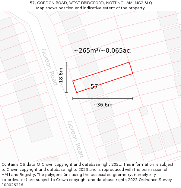 57, GORDON ROAD, WEST BRIDGFORD, NOTTINGHAM, NG2 5LQ: Plot and title map