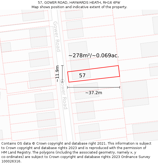 57, GOWER ROAD, HAYWARDS HEATH, RH16 4PW: Plot and title map