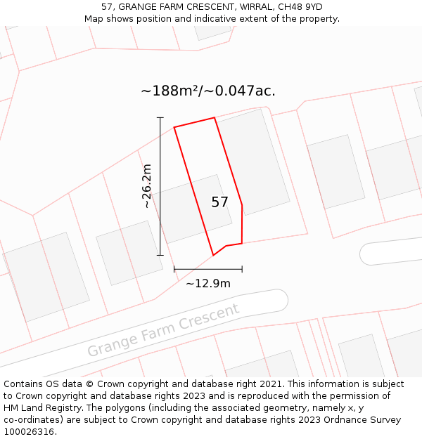 57, GRANGE FARM CRESCENT, WIRRAL, CH48 9YD: Plot and title map