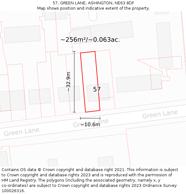 57, GREEN LANE, ASHINGTON, NE63 8DF: Plot and title map