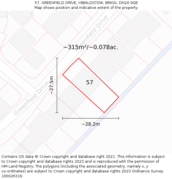 57, GREENFIELD DRIVE, HIBALDSTOW, BRIGG, DN20 9QE: Plot and title map