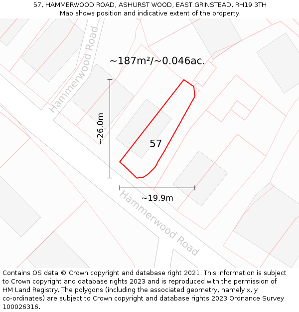 57, HAMMERWOOD ROAD, ASHURST WOOD, EAST GRINSTEAD, RH19 3TH: Plot and title map