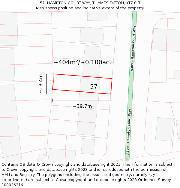 57, HAMPTON COURT WAY, THAMES DITTON, KT7 0LT: Plot and title map