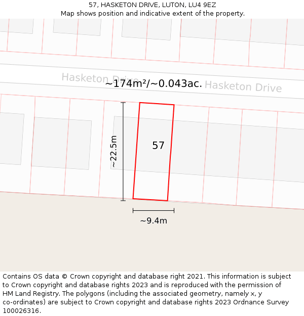 57, HASKETON DRIVE, LUTON, LU4 9EZ: Plot and title map