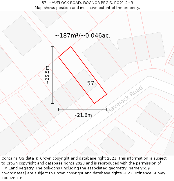 57, HAVELOCK ROAD, BOGNOR REGIS, PO21 2HB: Plot and title map