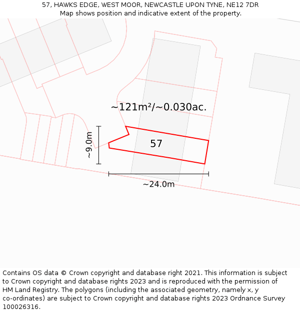 57, HAWKS EDGE, WEST MOOR, NEWCASTLE UPON TYNE, NE12 7DR: Plot and title map