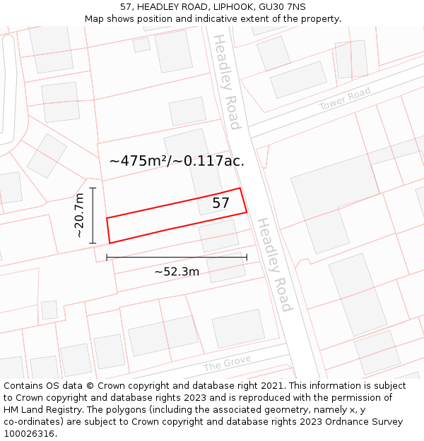 57, HEADLEY ROAD, LIPHOOK, GU30 7NS: Plot and title map