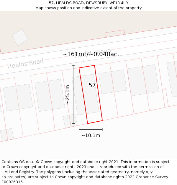 57, HEALDS ROAD, DEWSBURY, WF13 4HY: Plot and title map