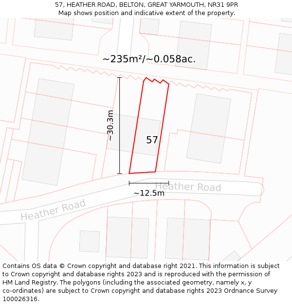 57, HEATHER ROAD, BELTON, GREAT YARMOUTH, NR31 9PR: Plot and title map