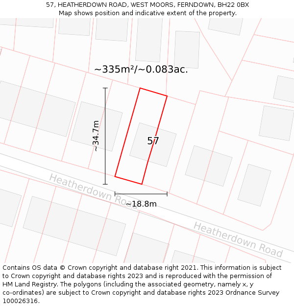 57, HEATHERDOWN ROAD, WEST MOORS, FERNDOWN, BH22 0BX: Plot and title map