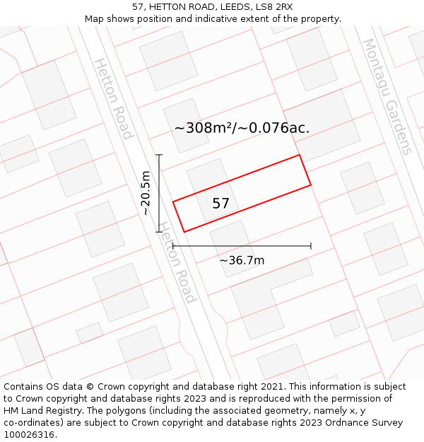 57, HETTON ROAD, LEEDS, LS8 2RX: Plot and title map