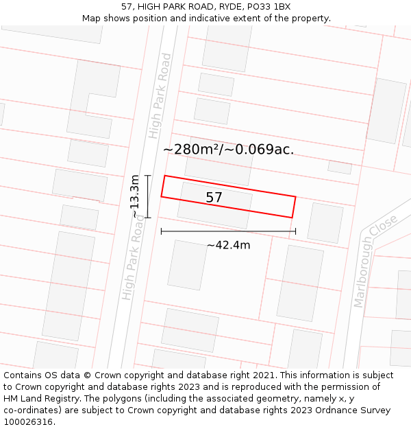 57, HIGH PARK ROAD, RYDE, PO33 1BX: Plot and title map