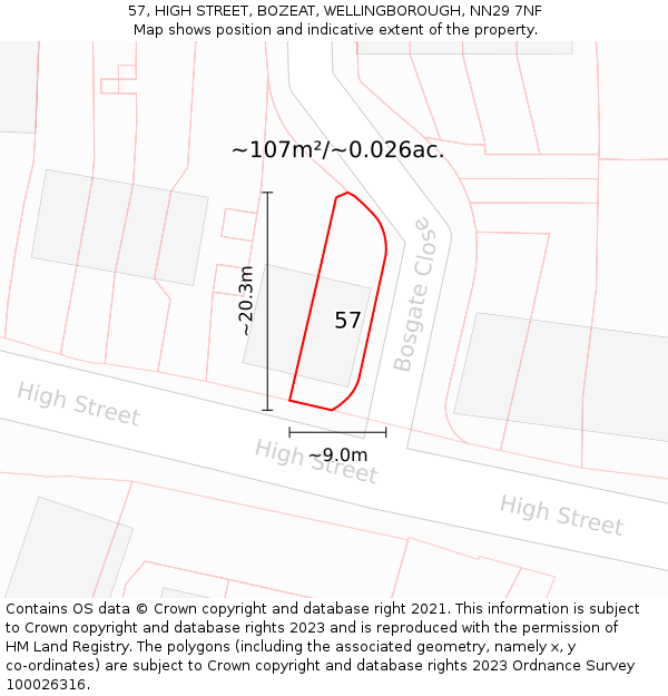 57, HIGH STREET, BOZEAT, WELLINGBOROUGH, NN29 7NF: Plot and title map