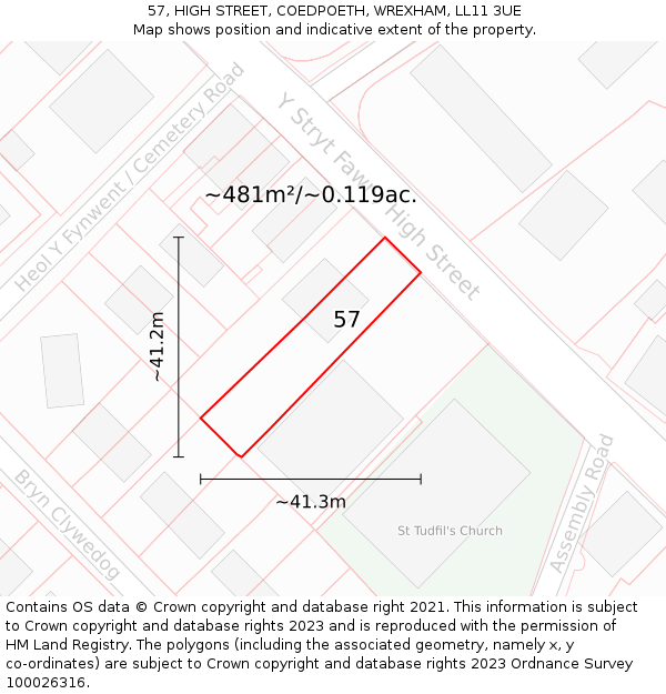 57, HIGH STREET, COEDPOETH, WREXHAM, LL11 3UE: Plot and title map